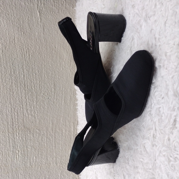 PREVATA Black Cut Out Fabric Upper Square Toe  Patent Block Heel Slingback Shoes - Picture 1 of 16
